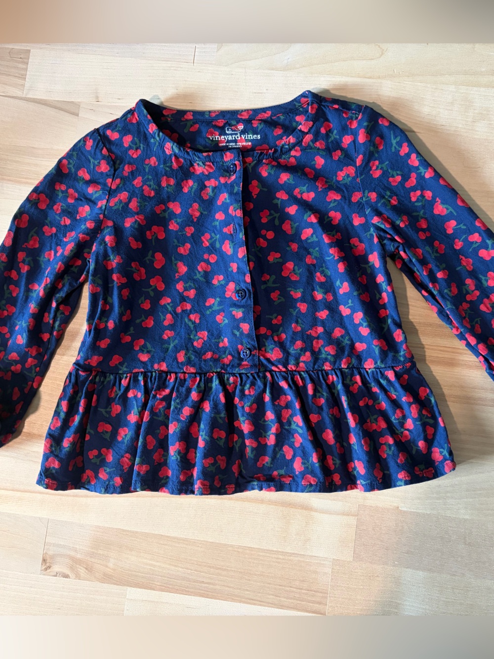 Vineyard Vines Navy Long-Sleeve Hollyberry Peplum Top with Red Heart Print